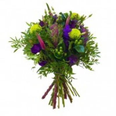 Wild and Wonderful - Mix bouquet of flowers in wild country style handtied bouquet. May include thistle, solidago, alstromeria, spray roses, gyps' hypericum, lisianthus and any meadow-style flowers framed in lovely greenery. Delivered boxed in water. Colours will vary depending on the occasion intended and flower availability.