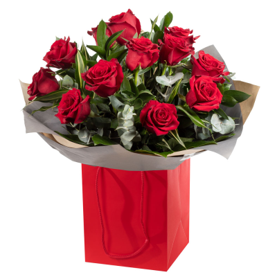 For My Sweetheart - Who can resists 12 red roses - such grand romantic gesture that shows how much you care! With matching lush foliage, the hand-tied bouquet is delivered in a box or bag in an aqua pack to ensure freshness.
Select medium for 18 roses and for an even grander gesture - select large for 24 red roses! Wow!