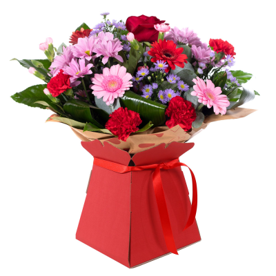Mrs Kisses - a beautiful red and pink bouquet with a single red rose, pink and red germini, re carnation, pink spray chrysanthemums, lilac aster with mix foliage